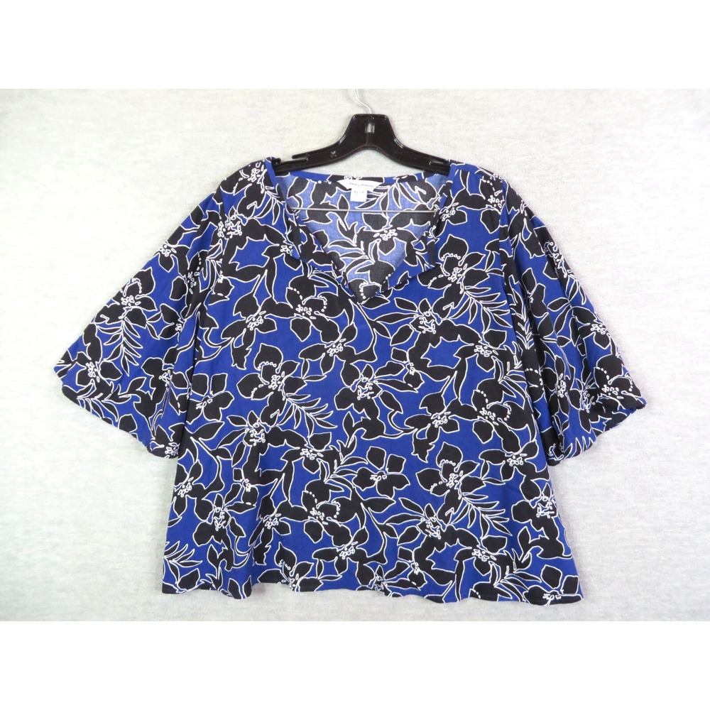 Tommy Bahama Womens Shirt XS Blue‎ Black Tropical Floral Boxy Coastal Oversized